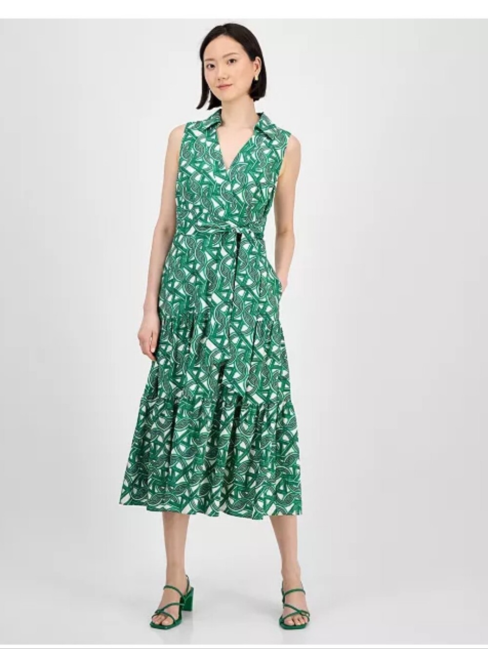 Tahari ASL NWT Size 16 Green Ivory Sleeveless Tiered Shirt Dress Maxi $159